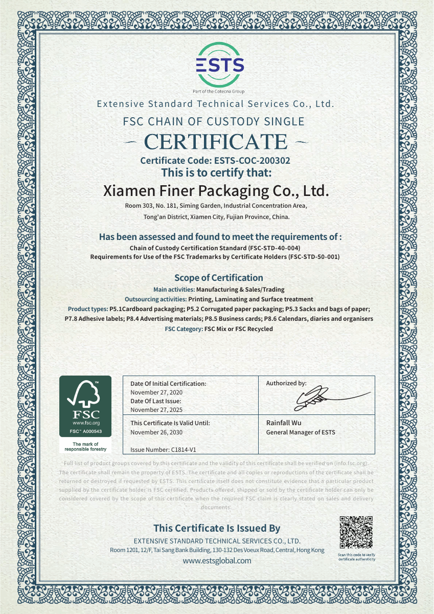Supplied FSC chain-of-custody document for Xiamen Finer Packaging Co., Ltd.