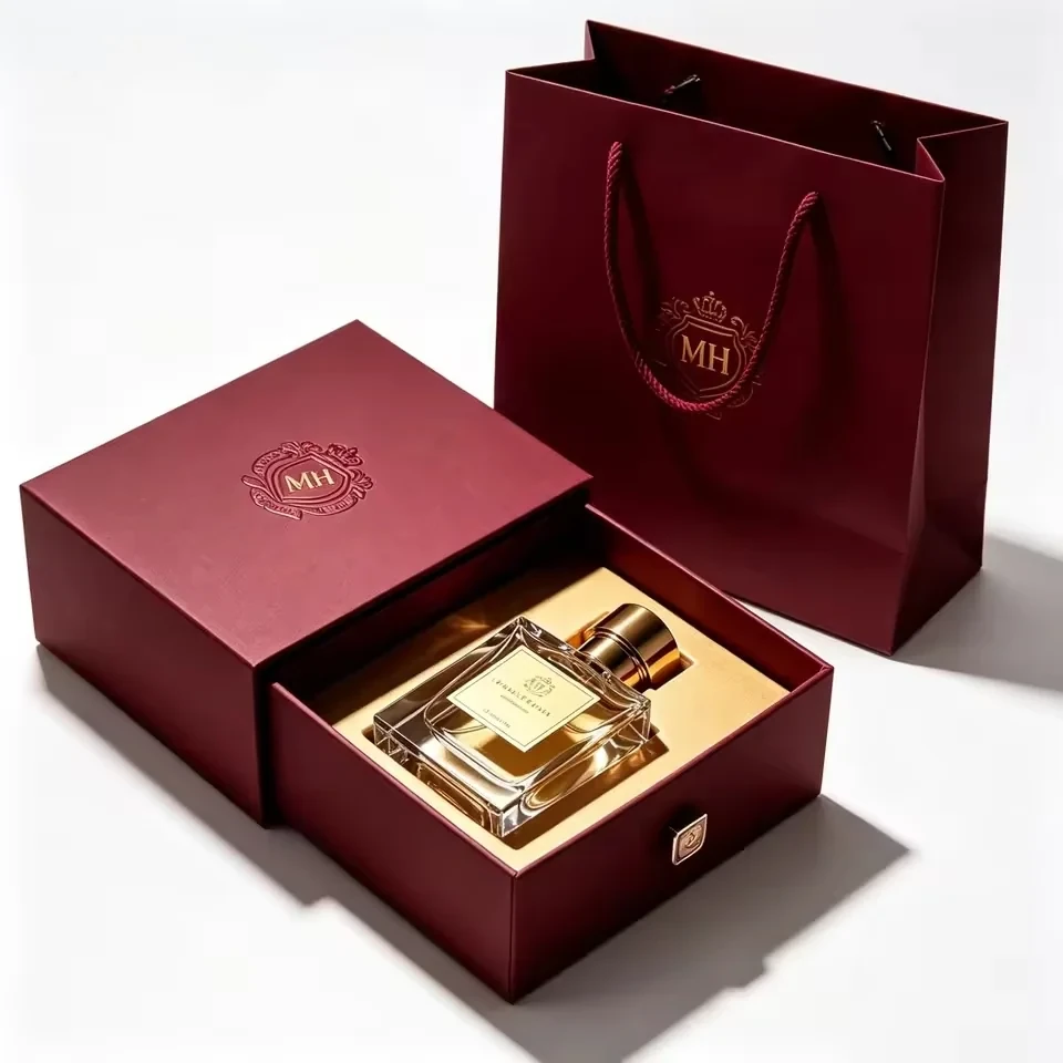 Burgundy Perfume Drawer Box with Matching Bag
