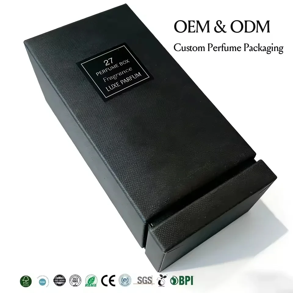 Black Textured Lid-and-Base Perfume Box with Stand