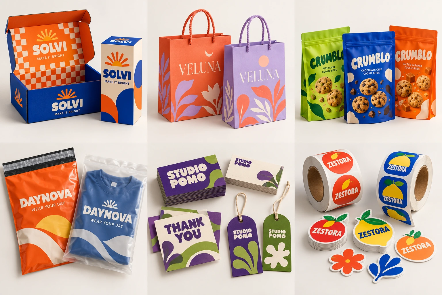 Custom boxes with original fictional logos, slogans and printed graphics